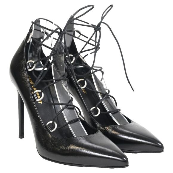Saint Laurent Thorn Lace Up Pointed Toe Pumps in Black Leather - Picture 4 of 7